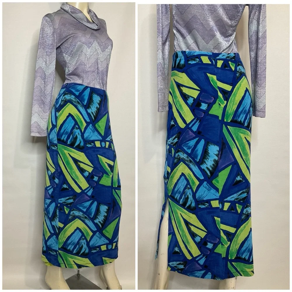 Slinky Y2K Abstract Modern Art Print Side Slit Maxi Skirt Size Medium